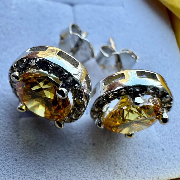 Citrine Earrings Sterling Silver 925 White Topaz Created Stud Earrings For Women - Picture 7 of 9